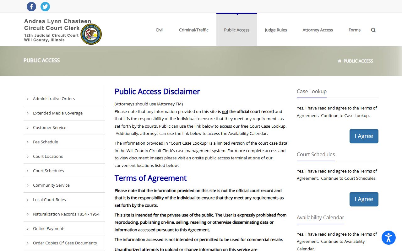 Will County Circuit Clerk public access portal for dissolution of marriage records