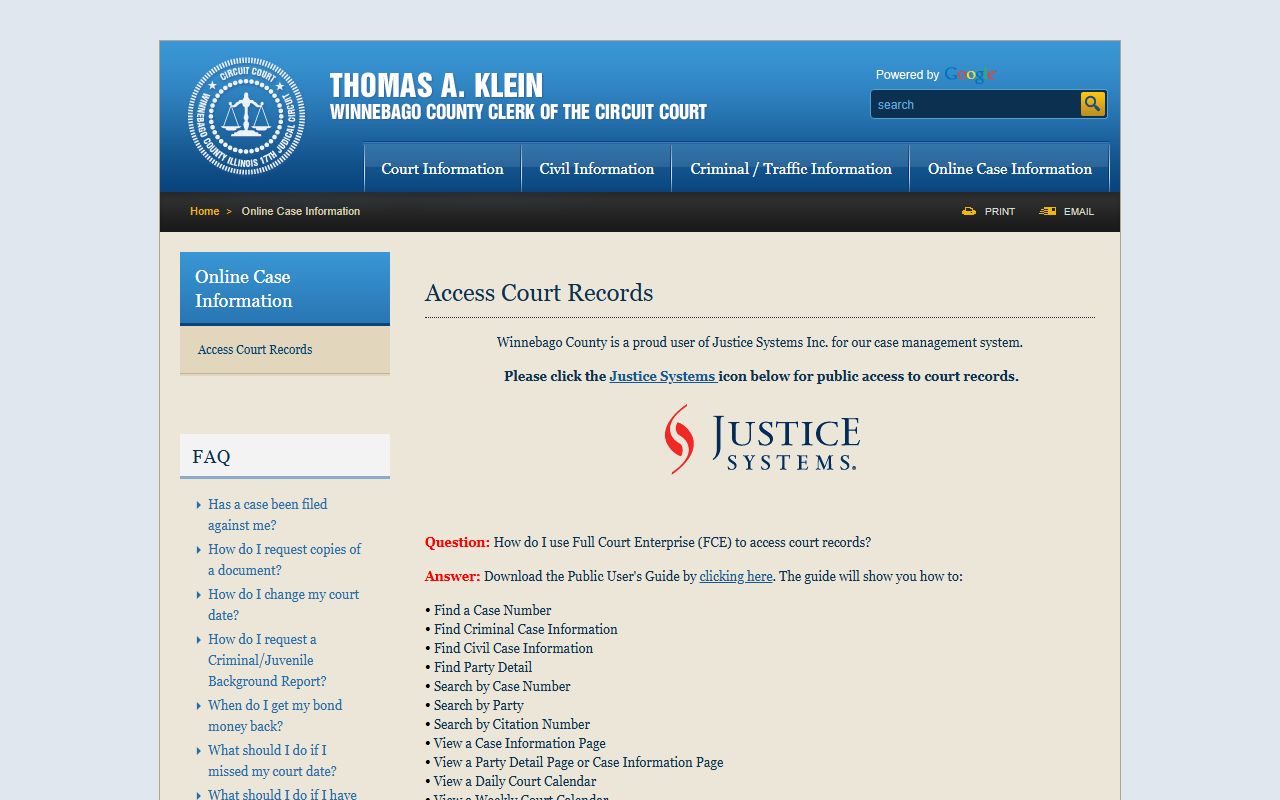 Winnebago County online court records access page for dissolution of marriage searches