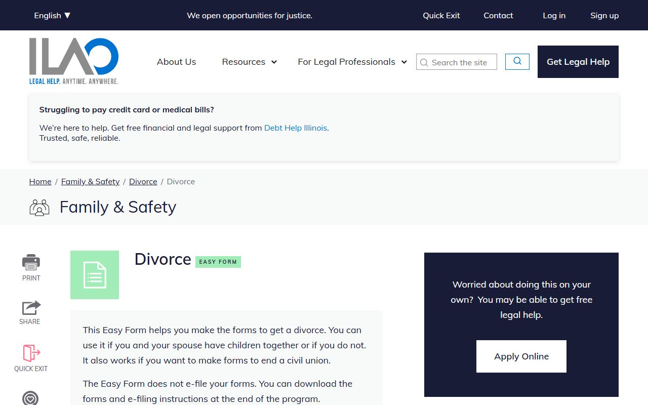 Illinois Legal Aid Online divorce easy form for dissolution of marriage