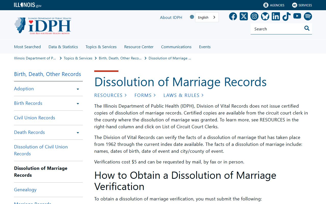 Illinois IDPH dissolution of marriage records verification page